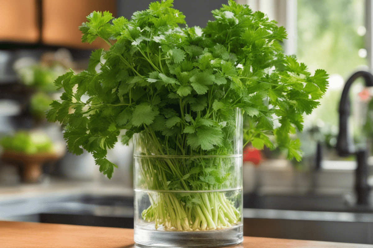 how to store fruit and vegetables bunch of cilantro in cylindrical glass vase