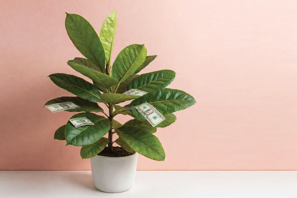 a fiddle leaf fig whose leaves are made out of dollar bills in a midcentury home low risk investment