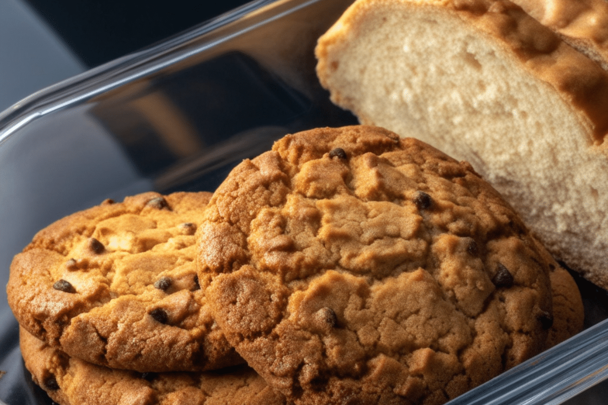 fresh baked cookies in container with white bread