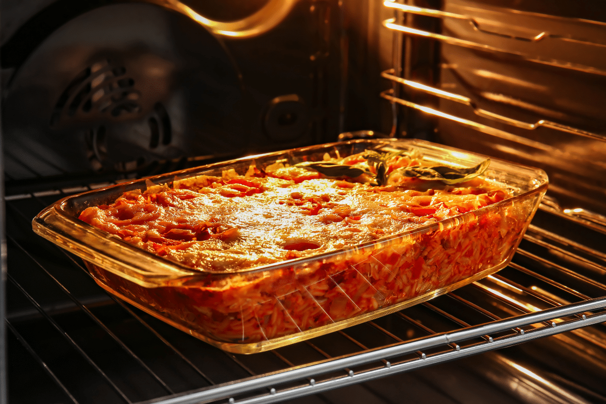 glass casserole lasagna in oven
