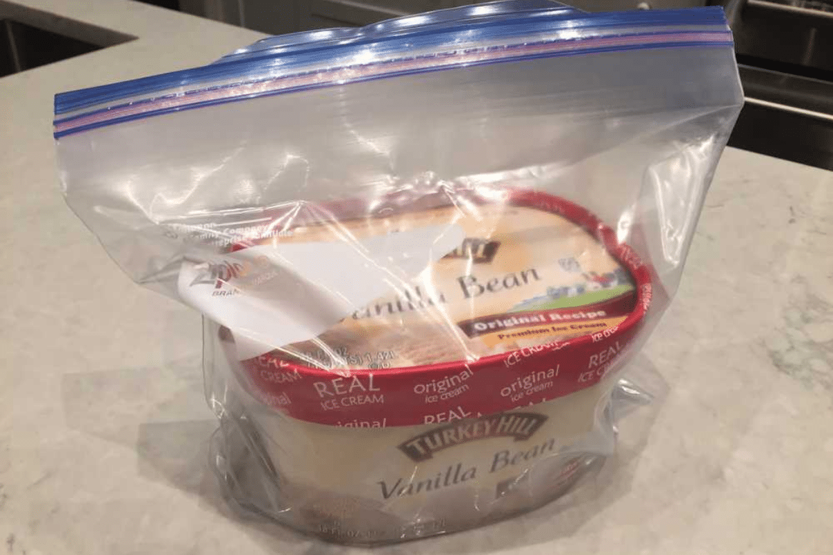 ice cream carton in ziploc bag