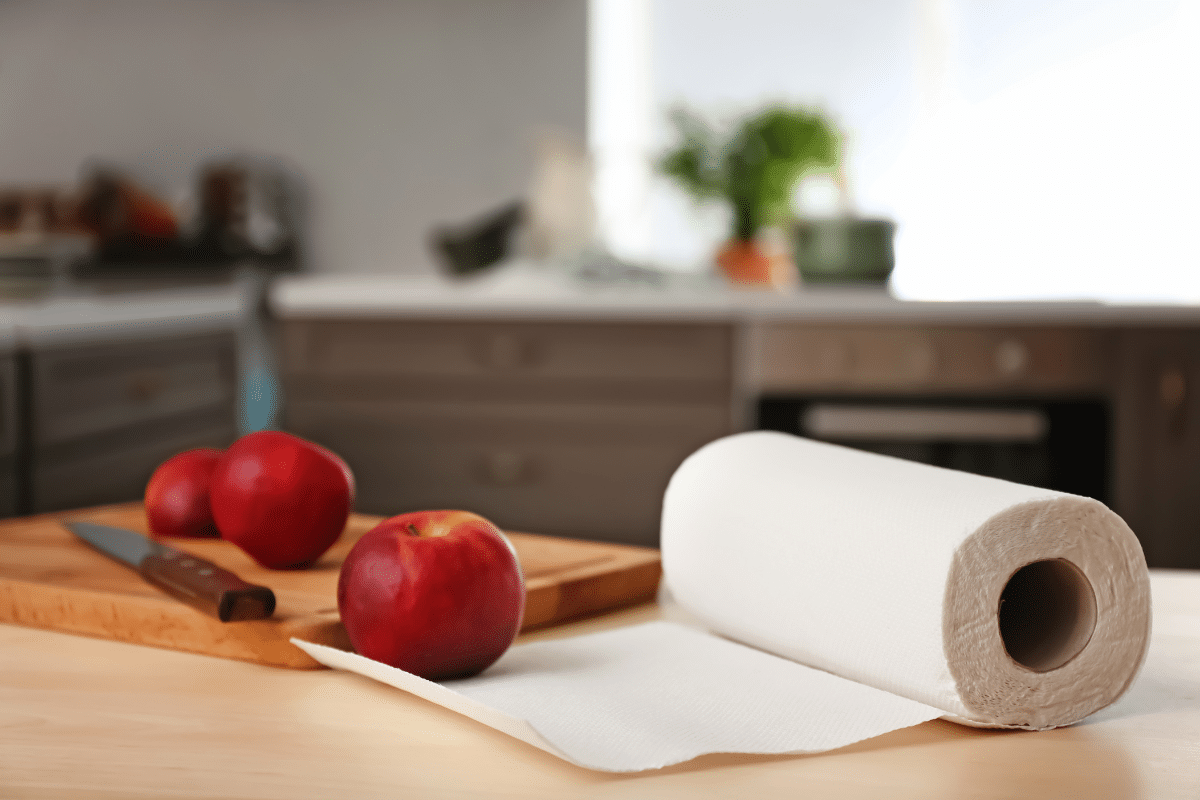 roll of paper towels and cutting board with fresh fruit