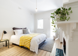 house guest room bright white walls light window houseplant bed