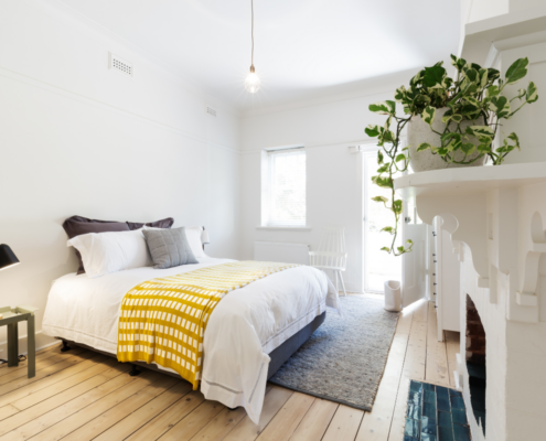 house guest room bright white walls light window houseplant bed