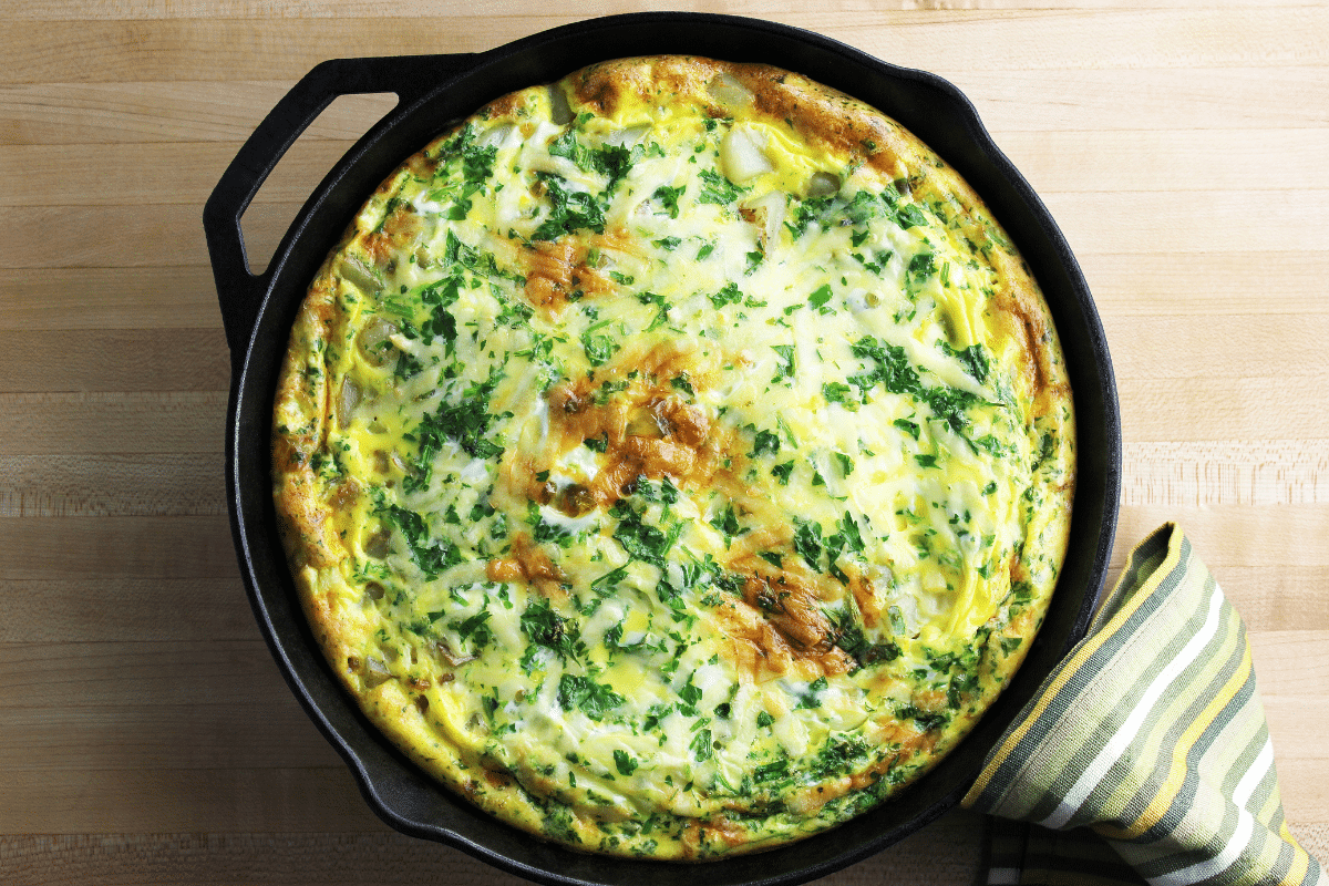 a homemade frittata in a cast iron skillet