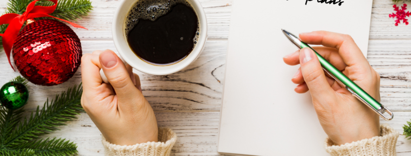 holiday planning tips day after christmas reflection woman journaling goals with cup of coffee in hand