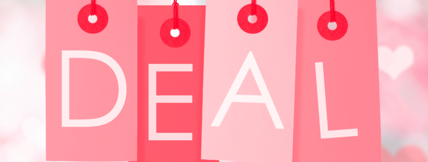 hot deals february price tags spelling D-E-A-L on heart background