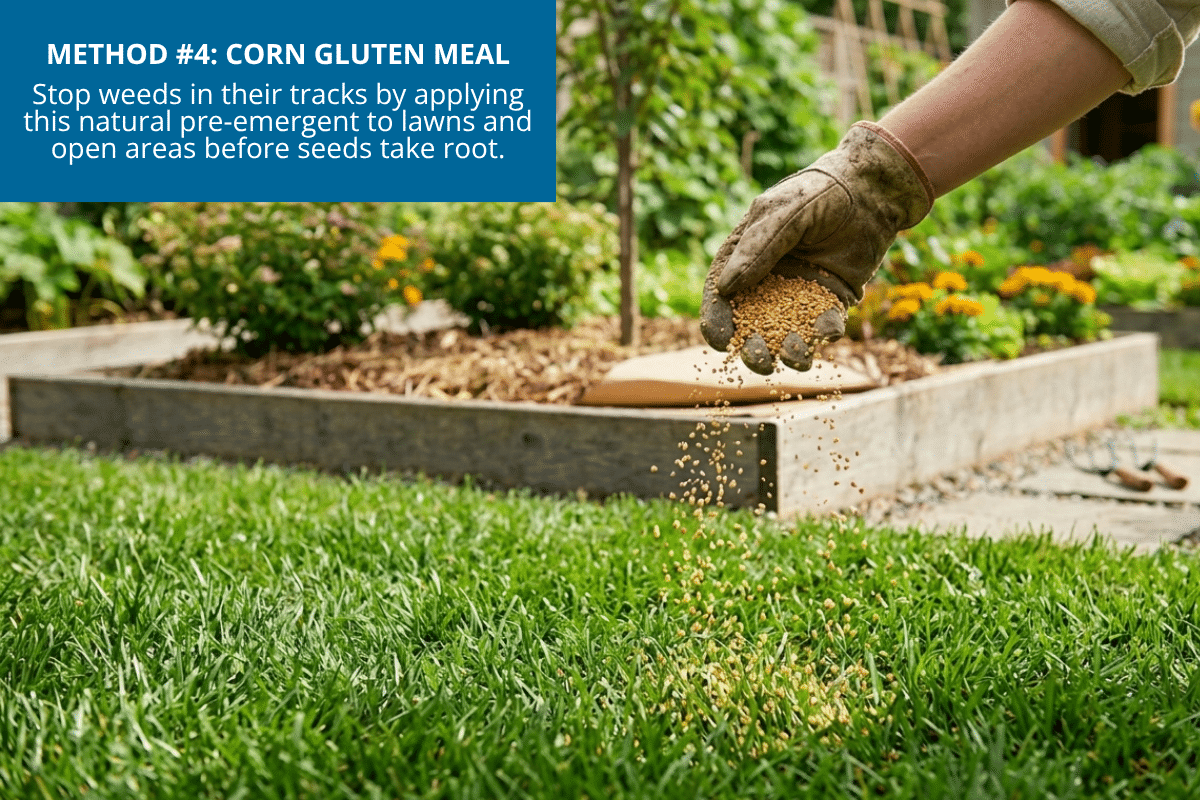 gardener spreading corn gluten meal on lush green lawn with garden in background