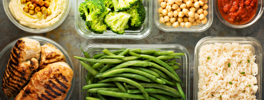 component prep meal prep strategy glass containers hummus broccoli chickpeas salsa rice green beans chicken