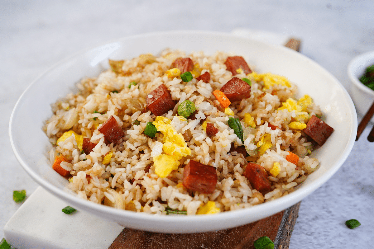 breakfast fried rice with bacon or spam diced scrambled egg