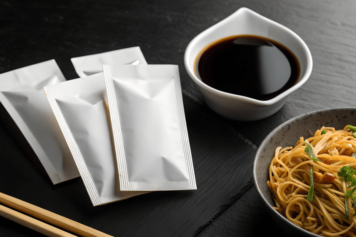 soy sauce packets bowl of noodles chopsticks