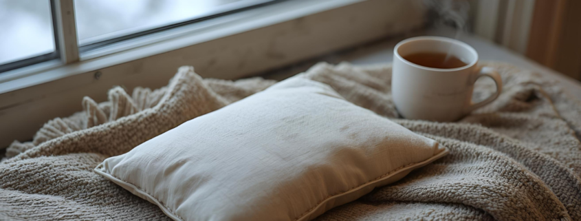 DIY rice heating pack next to cup of coffee sitting on blanket with winter window