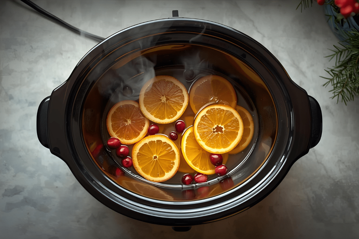 natural air freshener in crock pot slow cooker citrus slices cinnamon cloves cranberries