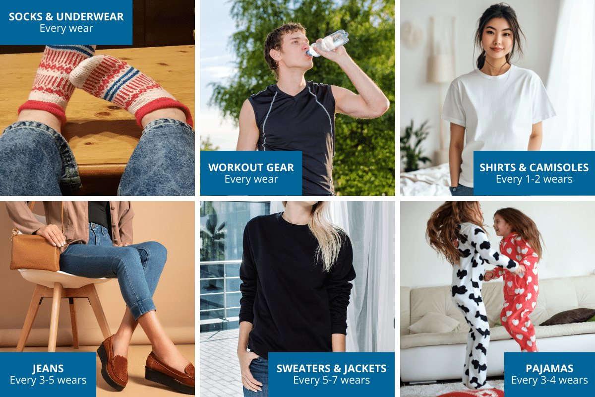 how often to wash clothing launder laundry socks underwear workout gear shirts camisoles jeans sweaters jackets pajamas