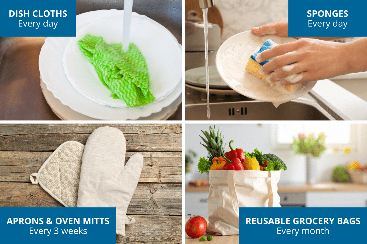 how often to wash kitchen linens dish cloths sponges aprons oven mitts reusable grocery bags