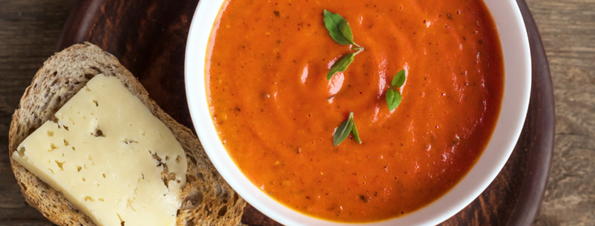 instant pot tomato soup recipe with toast and sliced cheese microbasil oregano thyme freshly ground pepper