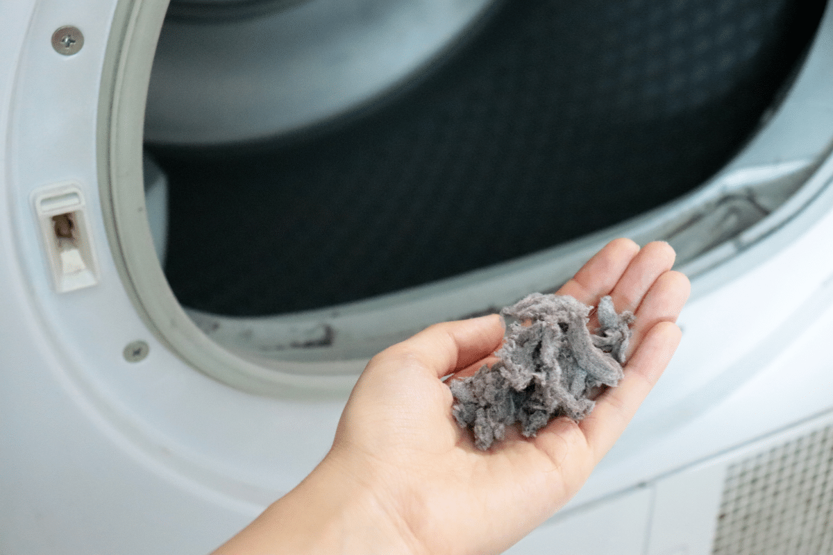 hand holding pile of lint removed from clothes drier