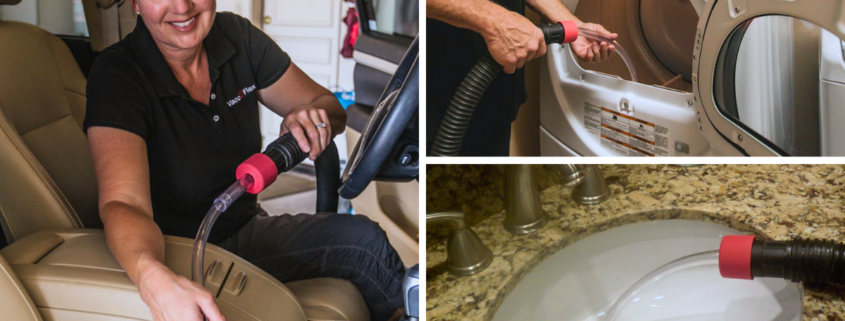 vaccuflex vacuum attachment for hard-to-reach places being used in car, clothes drier and bathroom sink