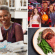 Collage of smiling woman, a family bowling and a steak with asparagus