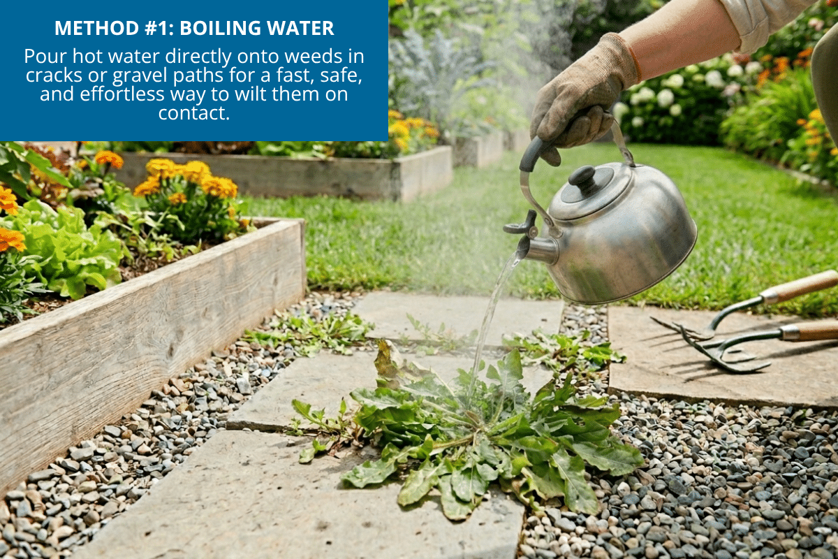method 1 boiling water for non-chemical organic way to kill weeds