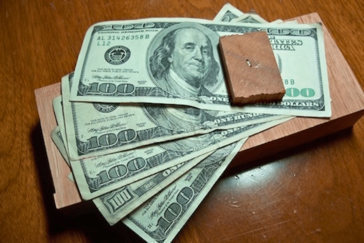 five one hundred dollar bills nailled to wooden plank