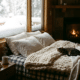 heated mattress pad on a cozy warm bed with fireplace and cat curled up on blanket