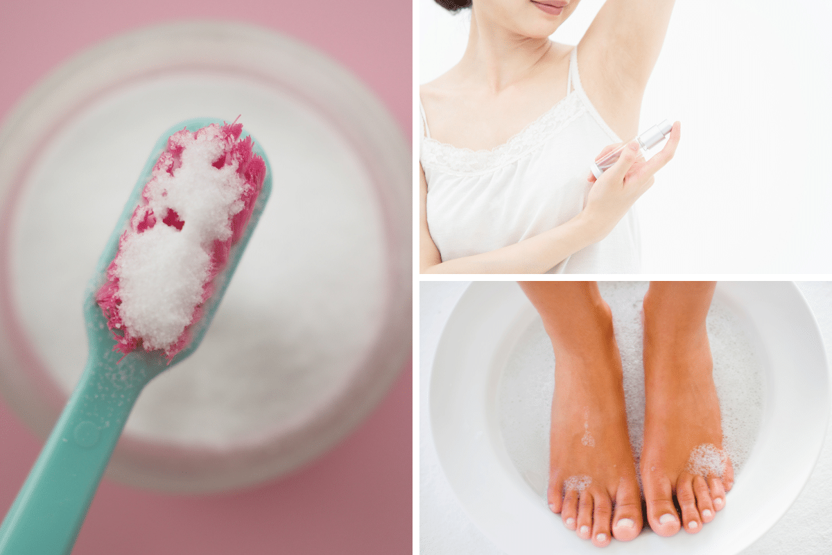baking soda uses toothpaste natural deodorant spray exfoliant foot soak bath