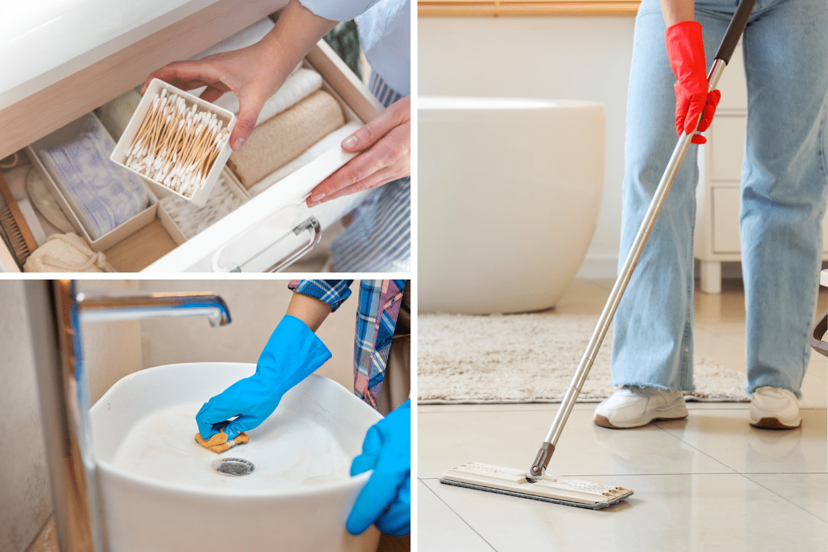 10 minute tasks in the bathroom organize cosmetics drawer clean sink mop floor