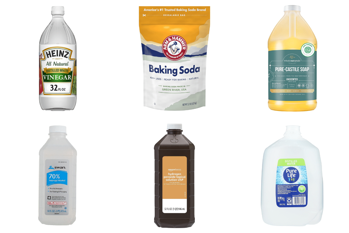 natural bathroom cleaning kit white vinegar baking soda pure castile soap dish soap isopropyl alcohol hydrogen peroxide distilled white vinegar