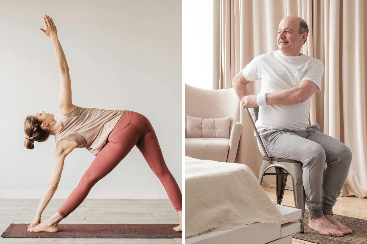 traditional yoga versus chair yoga twisting woman standing man sitting