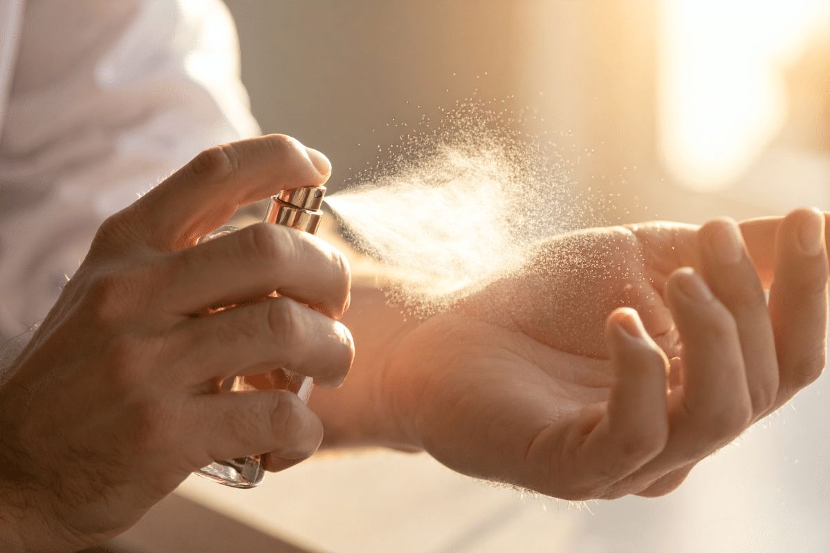 Man Spraying Perfume on Wrist refrigerate to maintain fragrance cheap beauty tricks