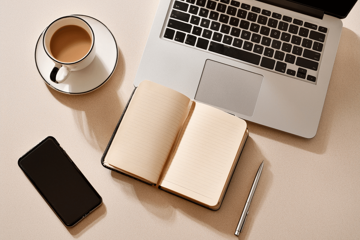 overhead view of laptop notebook pen coffee iphone