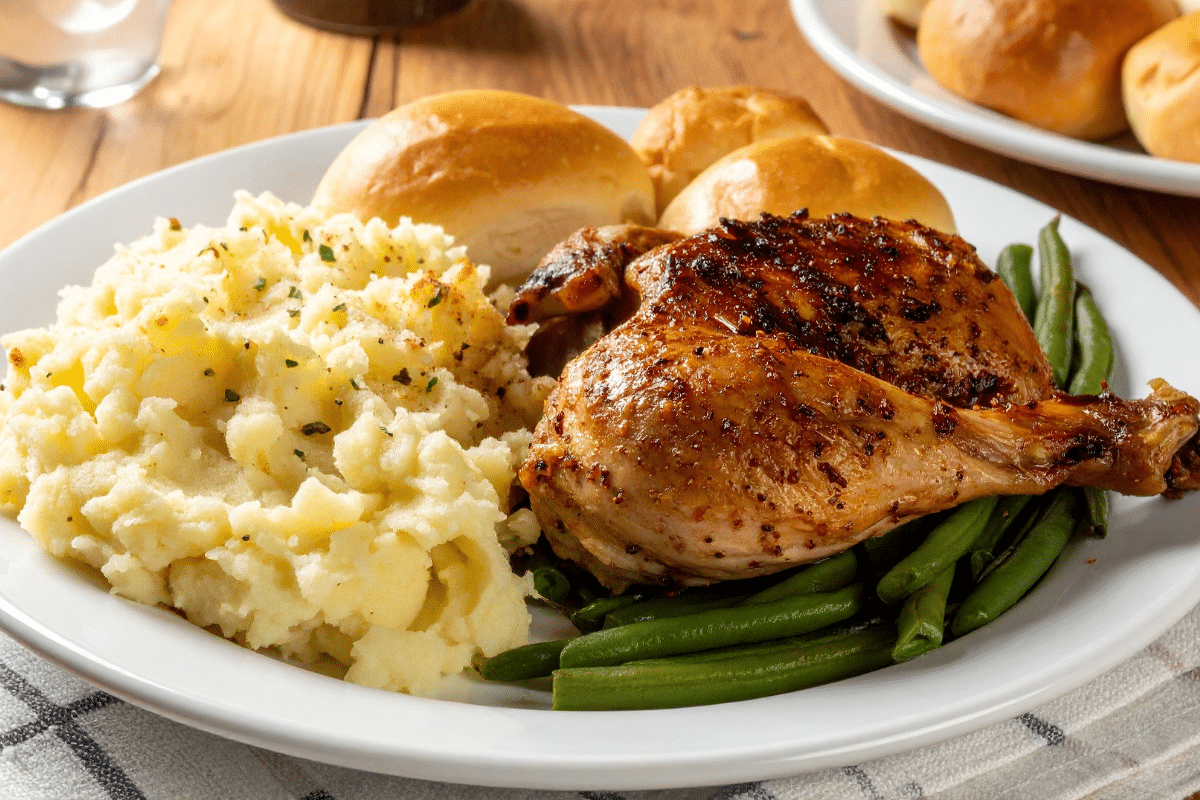 roasted chicken dinner mashed potatoes green beans fresh dinner rolls cost per serving grocery shopping