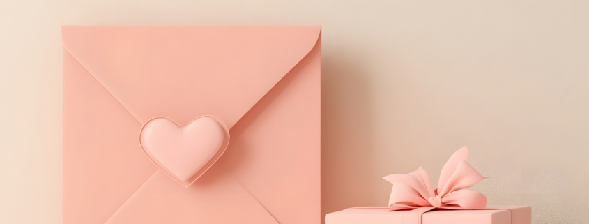valentine's day gift card and box with pink heart and bow