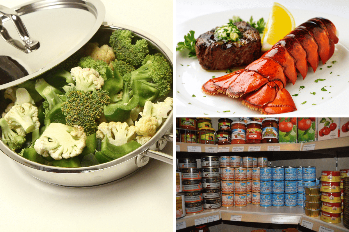 surf turf lobster steak national canned food month seasonal produce broccoli cauliflower kale february
