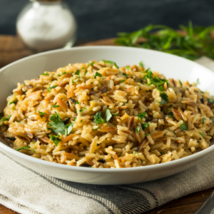 savory homemade rice pilaf in white bowl vermicelli rice-a-roni copycat recipe