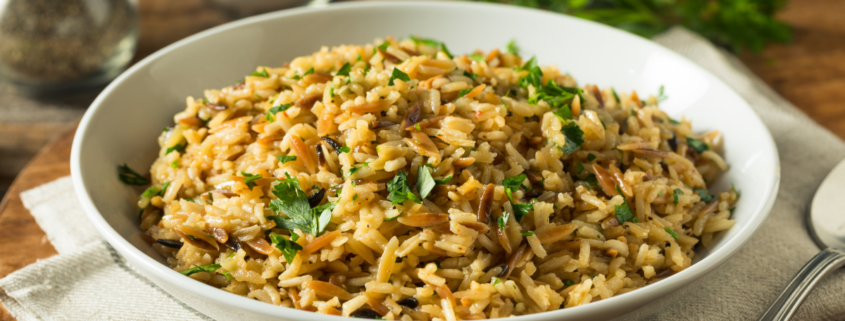 savory homemade rice pilaf in white bowl vermicelli rice-a-roni copycat recipe