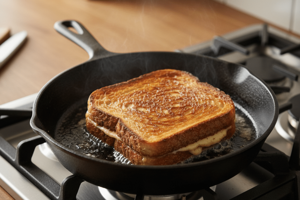 cast iron skillet on cooktop range with a grilled cheese sandwich cooking