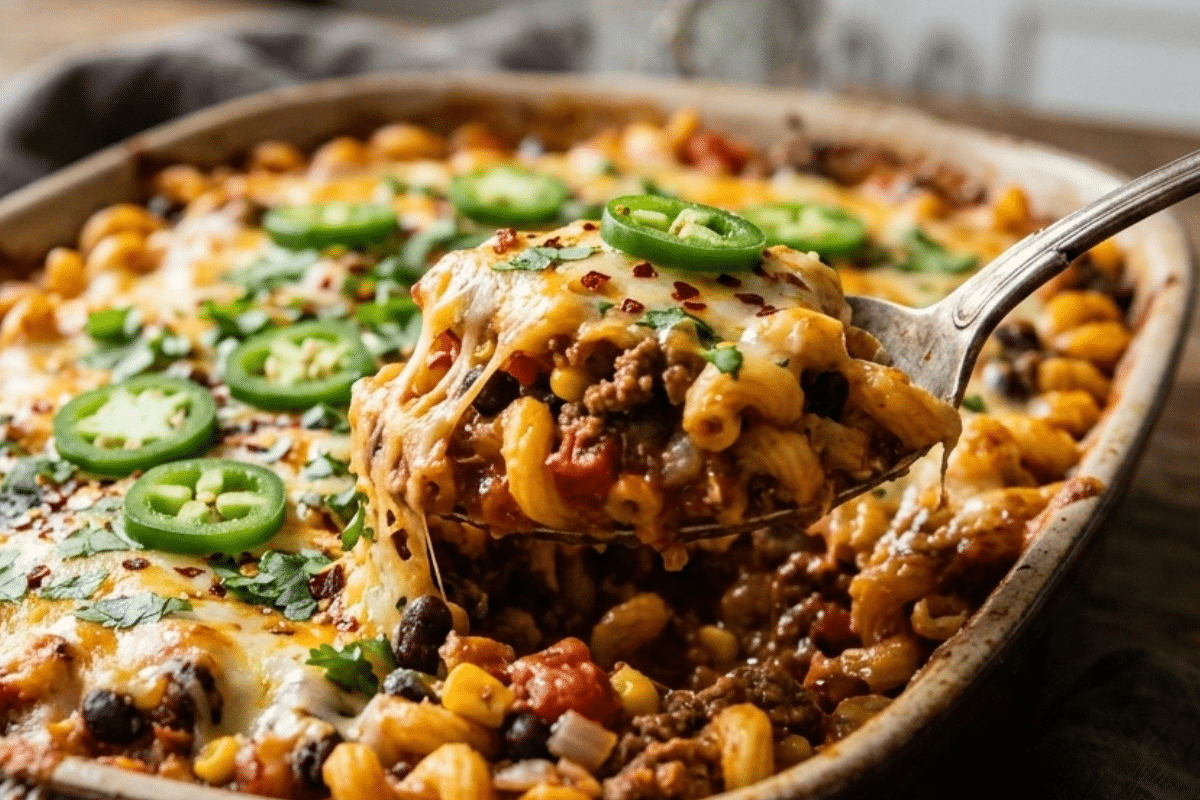 southwestern cavatappi black bean spicy beef casserole close up