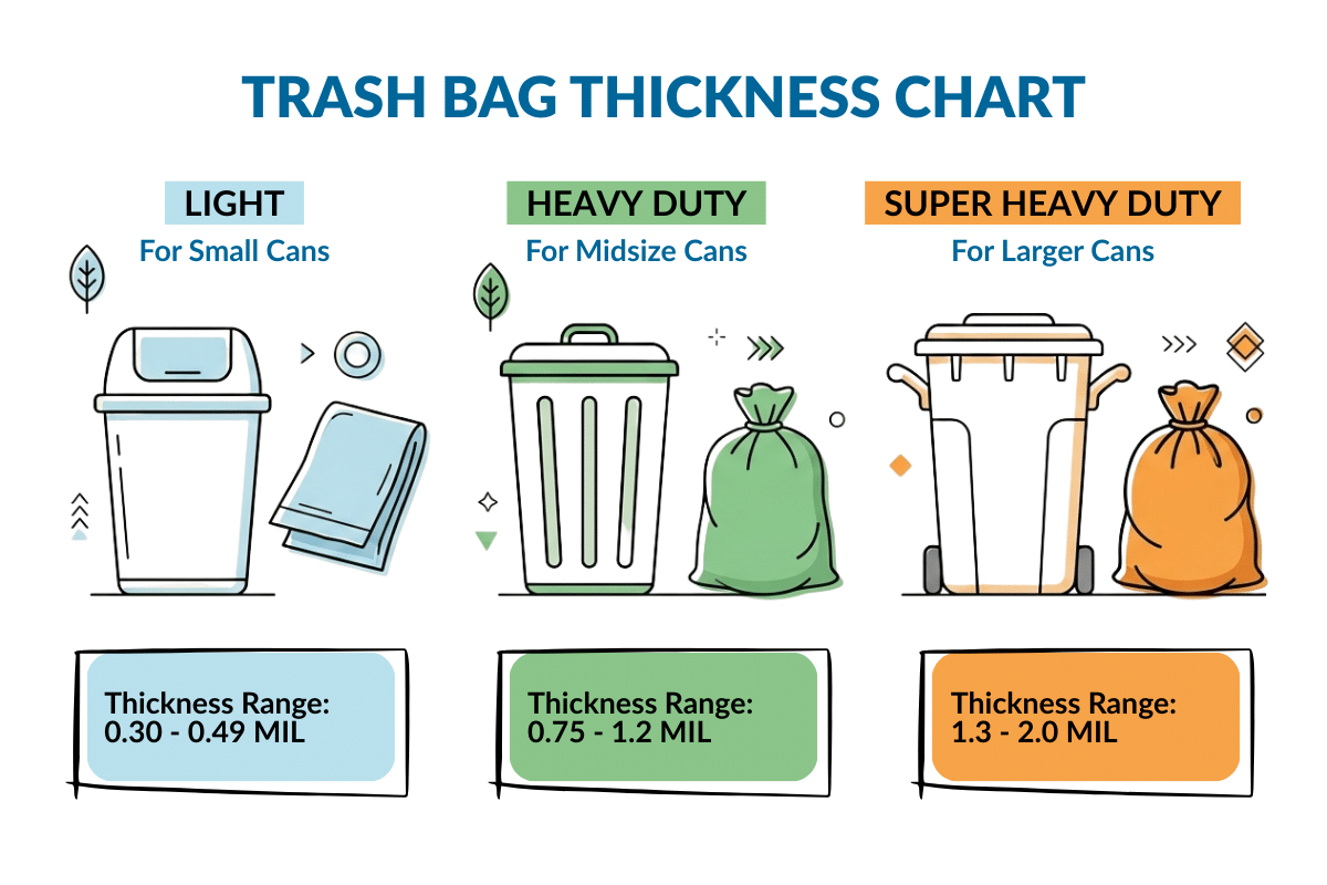 everyday cheapskate trash bag thickness chart light heavy duty and super heavy duty
