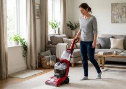 woman using best carpet cleaner in contemporary living room Hoover PowerScrub Deluxe Carpet Cleaner Machine for Carpet and Upholstery