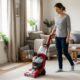 woman using best carpet cleaner in contemporary living room Hoover PowerScrub Deluxe Carpet Cleaner Machine for Carpet and Upholstery