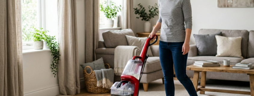 woman using best carpet cleaner in contemporary living room Hoover PowerScrub Deluxe Carpet Cleaner Machine for Carpet and Upholstery