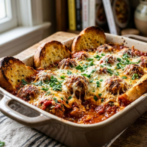 italian meatball bake recipe in casserole dish