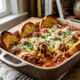 italian meatball bake recipe in casserole dish