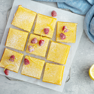 overhead view of homemade lemon bars on kitchen counter