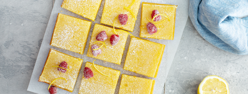 overhead view of homemade lemon bars on kitchen counter