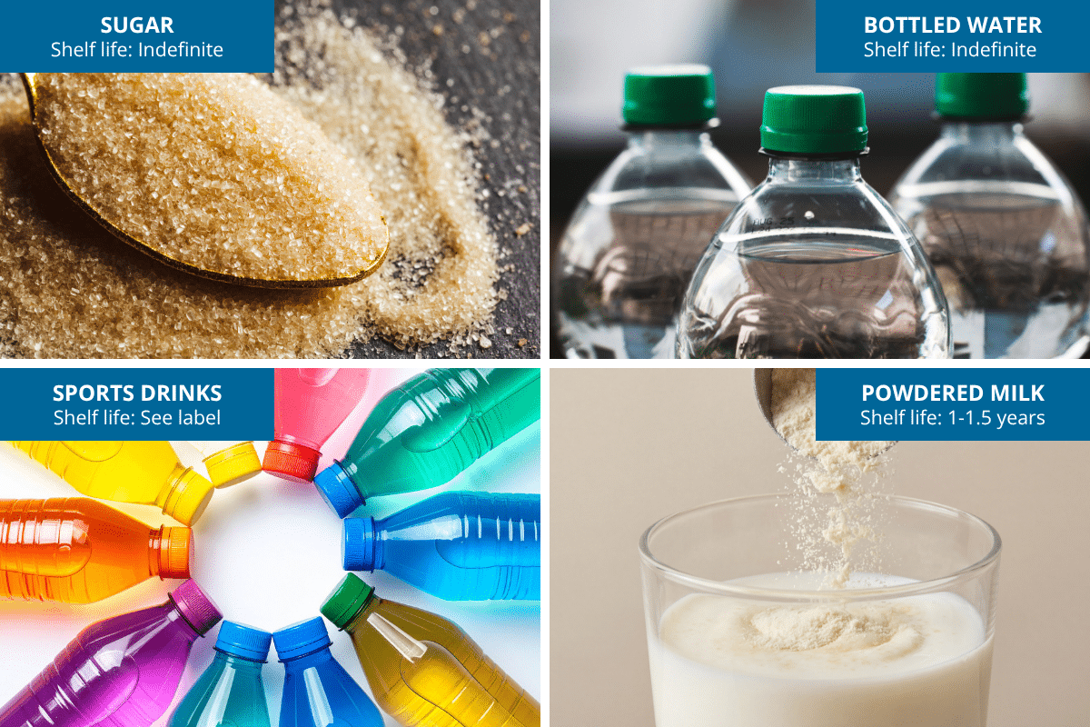 sugar bottled water sports drinks powdered milk emergency food stockpile
