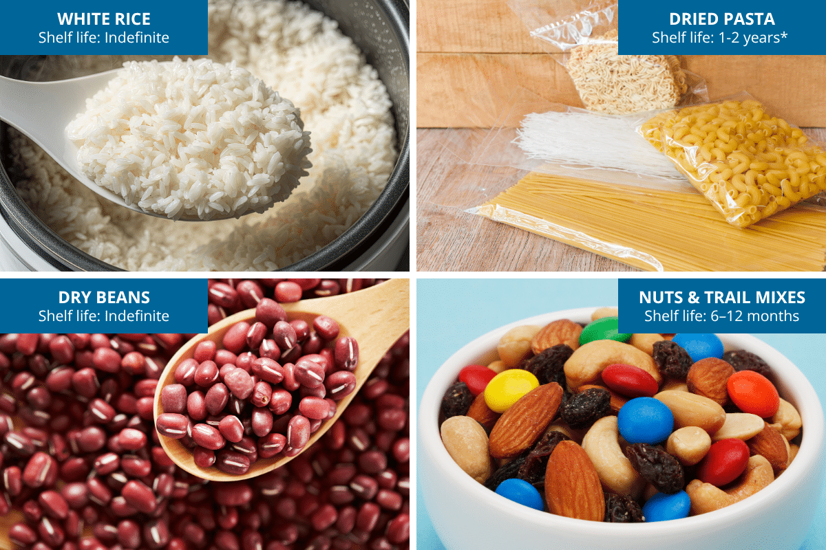 white rice dried pasta dry beans nuts trail mixes shelf life emergency food stockpile