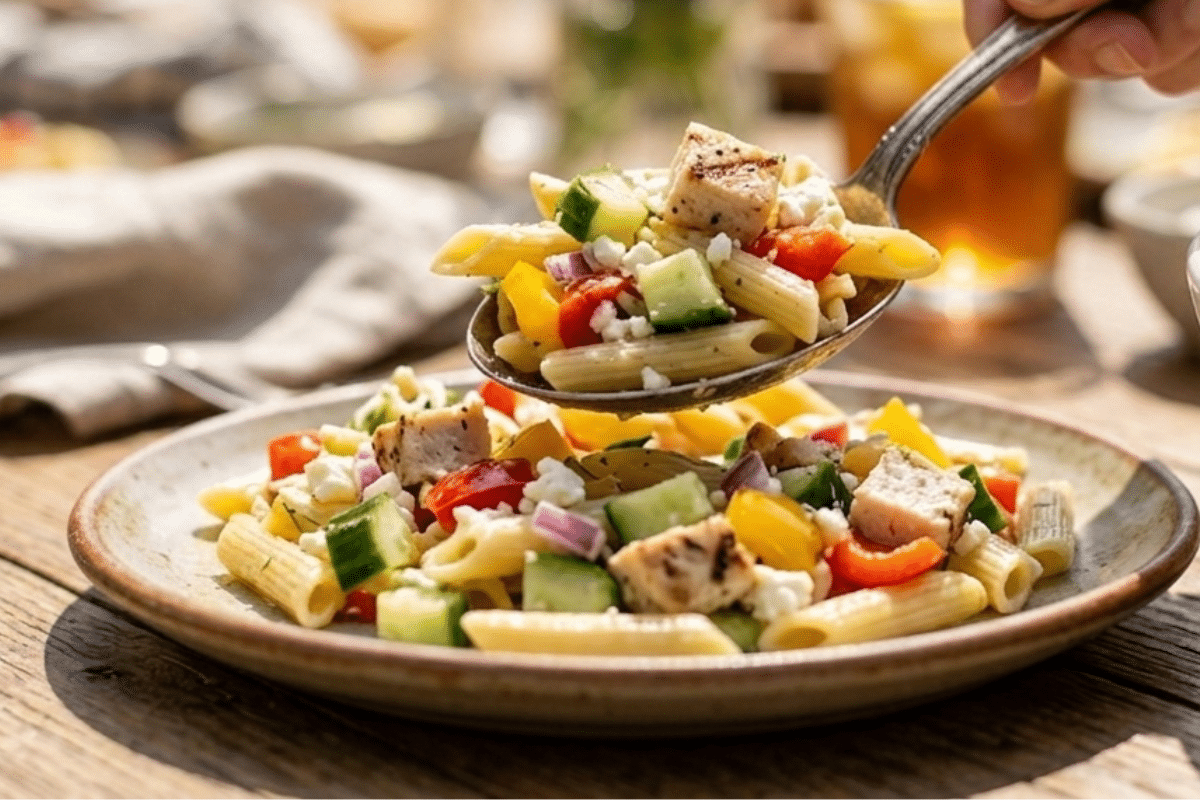 closeup of chicken pasta salad at potluck
